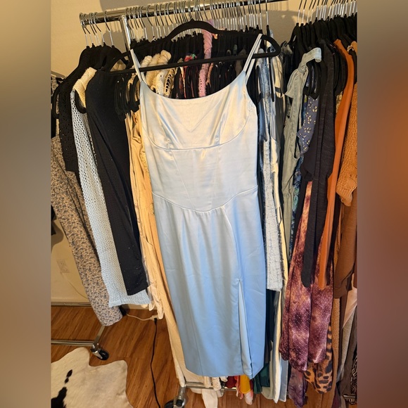 up and down Dresses & Skirts - Up and Down Blue Satin Midi Dress Side Slit